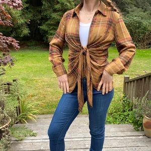 Hers and Mine  front tie flannel olive/mauve/ black/white Size S